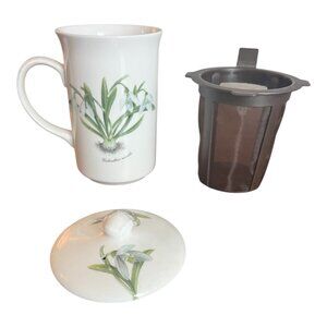 St George Fine Bone China Snowdrop Floral Teacup W/ Lid, Plastic Infuser England